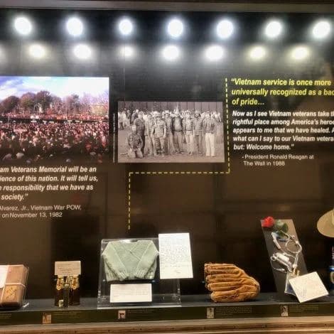 Artifacts and photographs displayed inside the Mobile Education Center