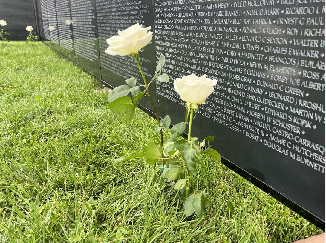 Two white roses lean against the names engraved on The Wall